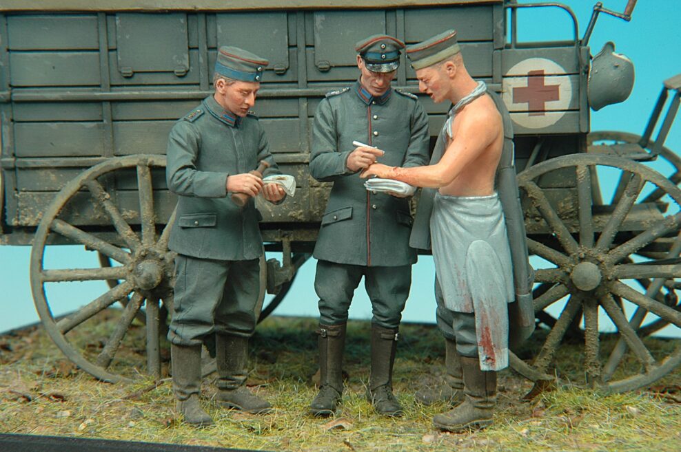 Model Cellar Medico Tedesco Barelliere Ferito figurino WWI 3 pezzi