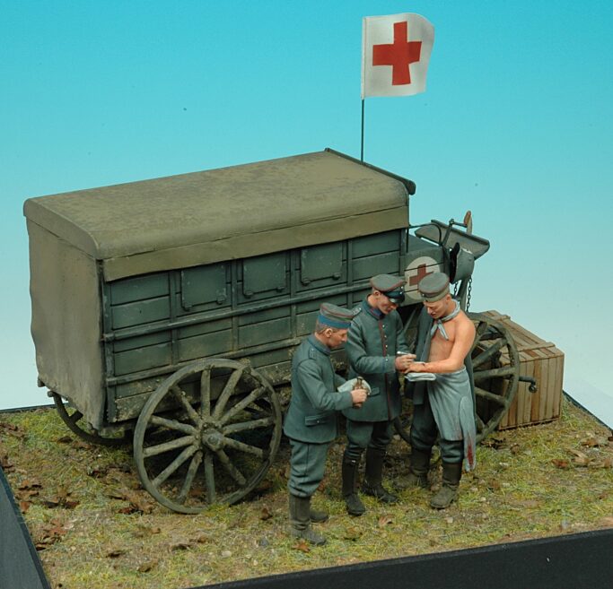 Model Cellar Medico Tedesco Barelliere Ferito figurino WWI 3 pezzi